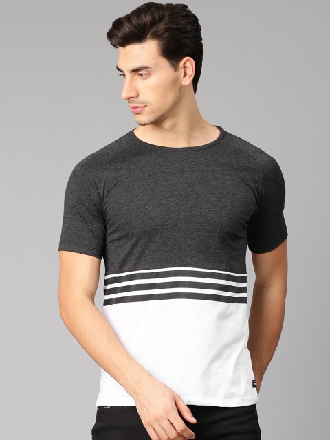 

HRX by Hrithik Roshan Men Charcoal Grey & White Colourblocked Round Neck T-shirt