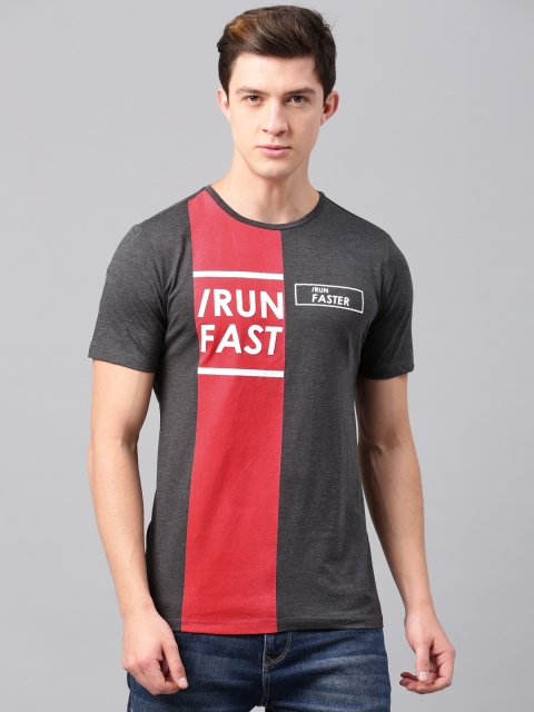 

HRX by Hrithik Roshan Men Charcoal Grey & Red Colourblocked Round Neck T-shirt