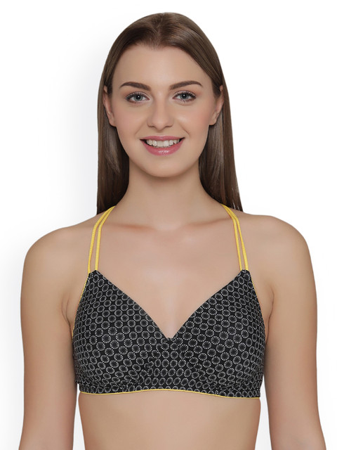 

Clovia Padded Non-Wired Floral Print Racerback T-Shirt Bra, Black