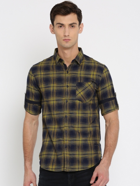

Ecko Unltd Men Yellow & Navy Blue Slim Fit Checked Casual Shirt