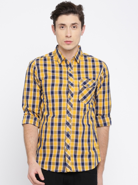 

SPYKAR Men Yellow & Navy Regular Fit Checked Casual Shirt