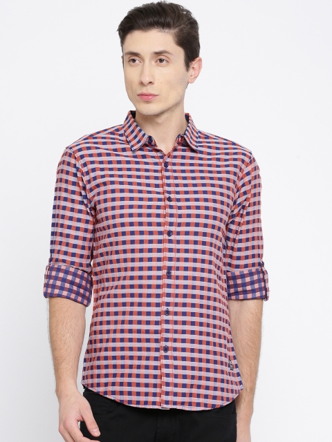 

SPYKAR Men Orange & Navy Regular Fit Checked Casual Shirt
