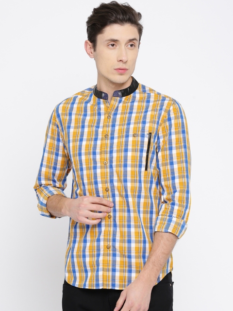 

SPYKAR Men Yellow & Navy Regular Fit Checked Casual Shirt