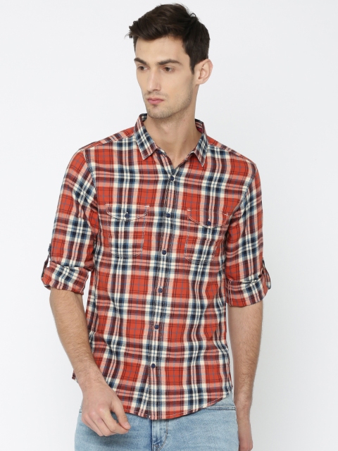 

SPYKAR Men Rust Orange & Beige Regular Fit Checked Casual Shirt