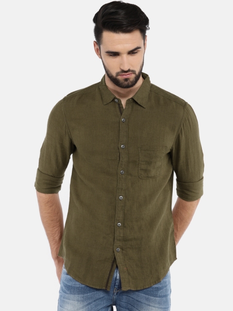 

SPYKAR Men Olive Green Linen Slim Fit Solid Casual Shirt