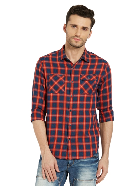 

SPYKAR Men Orange & Blue Slim Fit Checked Casual Shirt