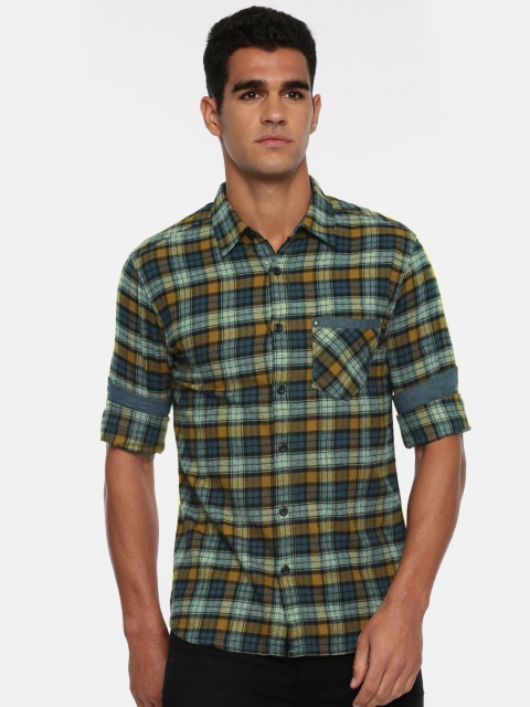 

SPYKAR Men Mustard Yellow & Blue Slim Fit Checked Casual Shirt