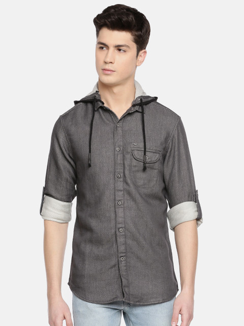 

SPYKAR Men Grey Slim Fit Solid Detachable hooded Casual Shirt