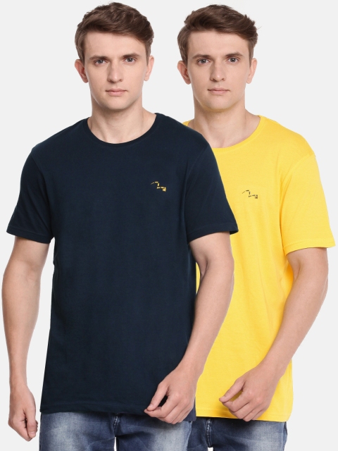 

SPYKAR Men Pack of 2 Navy Blue & Yellow Solid Round Neck T-shirt