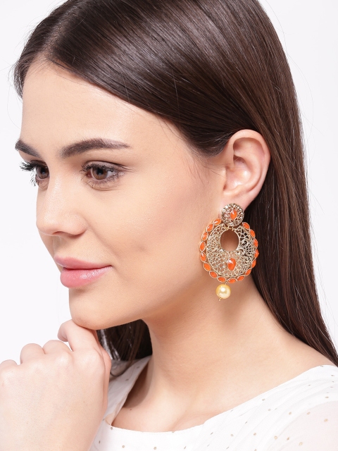 

Priyaasi Orange Gold-Plated Handcrafted Circular Stone-Studded Chandbalis