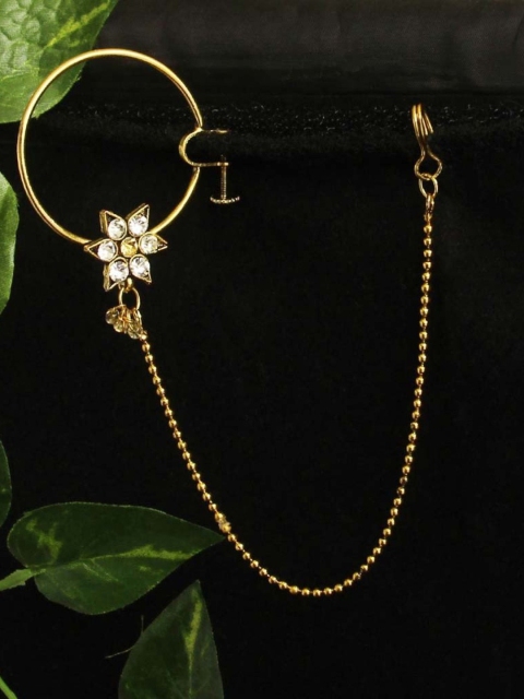 

Priyaasi Antique Gold-Plated CZ Stone-Studded Handcrafted Nose Ring with Chain