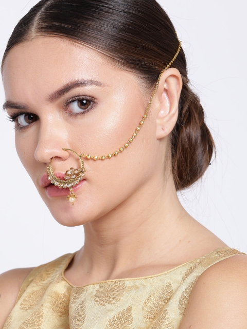 

Priyaasi Cream-Coloured Gold-Plated CZ Stone-Studded Handcrafted Nose Ring with Chain