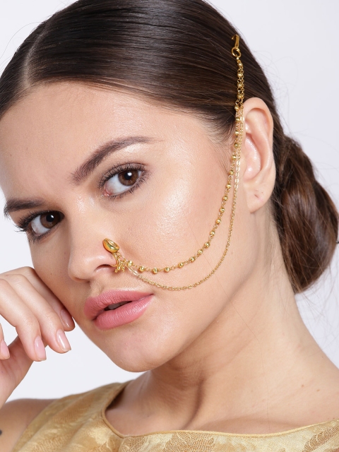 

Priyaasi Gold-Plated CZ Stone-Studded Handcrafted Nose Ring with Chain