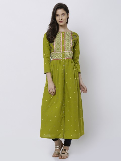 

Vishudh Women Green & Cream-Coloured Solid Anarkali Kurta