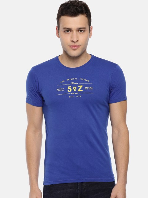 

Pepe Jeans Men Blue Slim Fit Printed Round Neck Pure Cotton T-shirt
