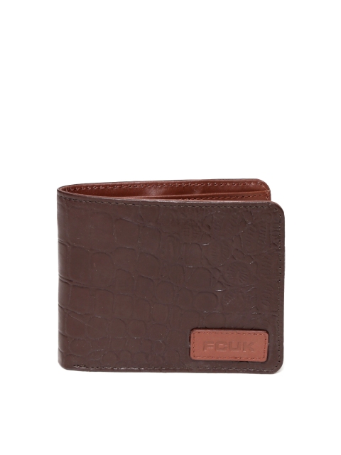 

French Connection Men Brown Croc-Textured Two Fold Wallet