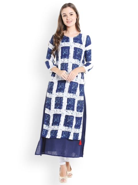 

Ishin Women Blue & White Printed A-Line Layered Kurta