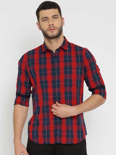 

HIGHLANDER Men Navy & Red Slim Fit Checked Casual Shirt, Navy blue