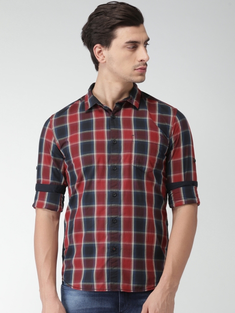 

HIGHLANDER Men Navy & Red Slim Fit Checked Casual Shirt, Navy blue
