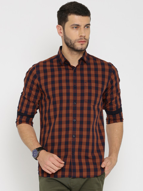 

HIGHLANDER Men Navy Blue & Rust Brown Slim Fit Checked Casual Shirt