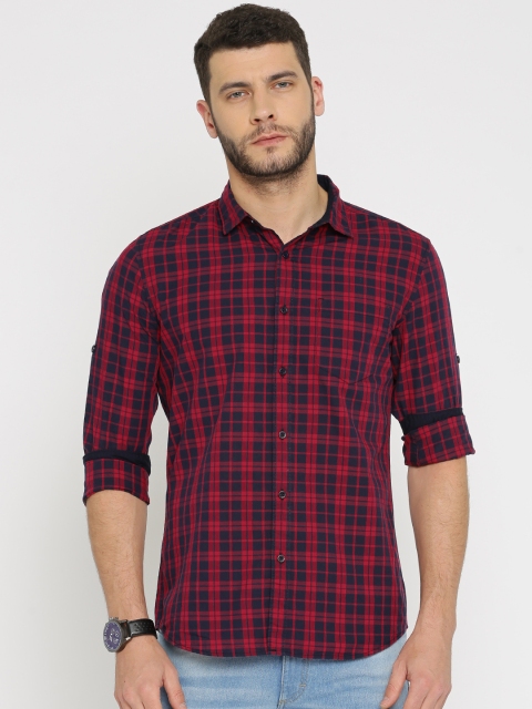 

HIGHLANDER Men Navy & Red Slim Fit Checked Casual Shirt, Navy blue