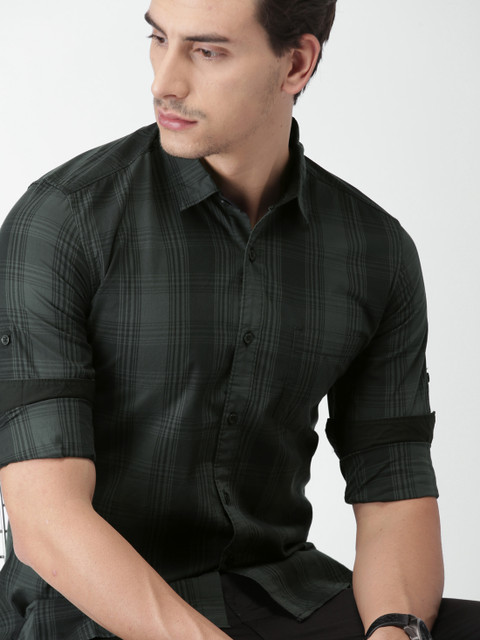 

HIGHLANDER Men Black & Charcoal Grey Slim Fit Checked Casual Shirt, Navy blue