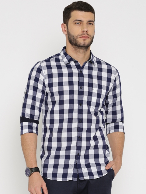 

HIGHLANDER Men Navy & White Slim Fit Checked Casual Shirt, Navy blue