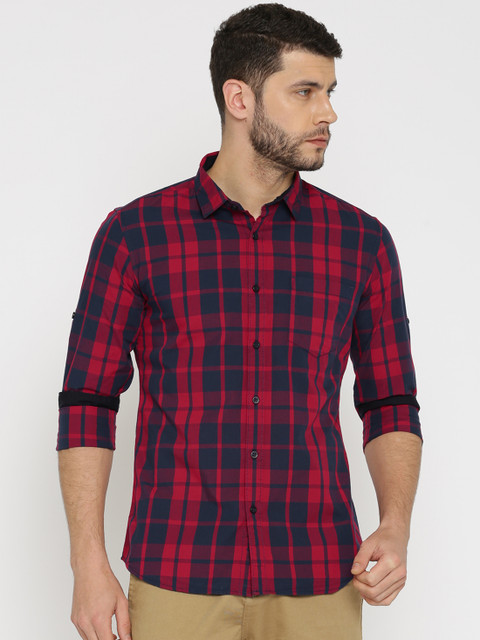 

HIGHLANDER Men Red & Navy Blue Slim Fit Checked Casual Shirt