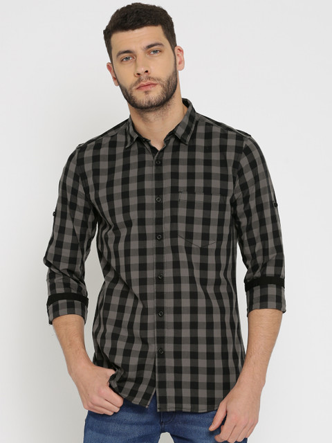 

HIGHLANDER Men Grey & Black Slim Fit Checked Casual Shirt