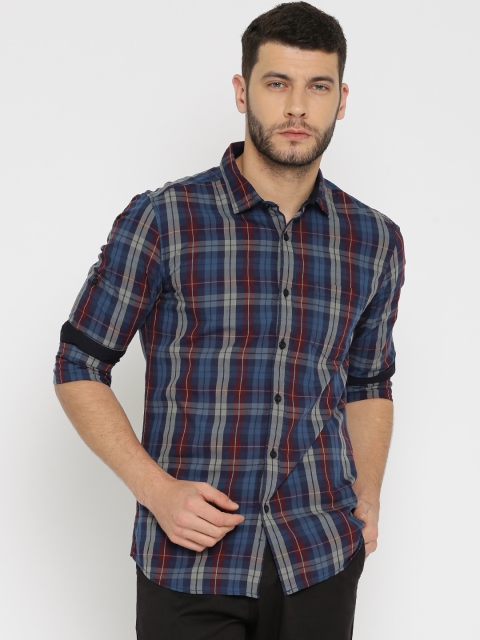 

HIGHLANDER Men Navy & Maroon Slim Fit Checked Casual Shirt, Navy blue