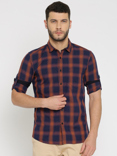 

HIGHLANDER Men Navy & Rust Slim Fit Checked Casual Shirt, Navy blue