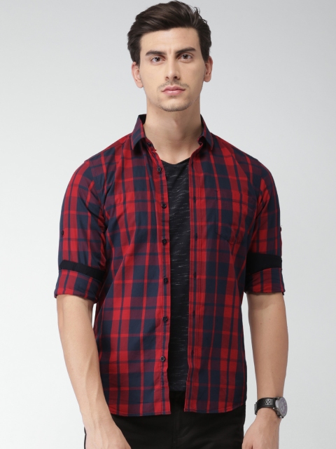 

HIGHLANDER Men Navy & Red Slim Fit Checked Casual Shirt, Navy blue