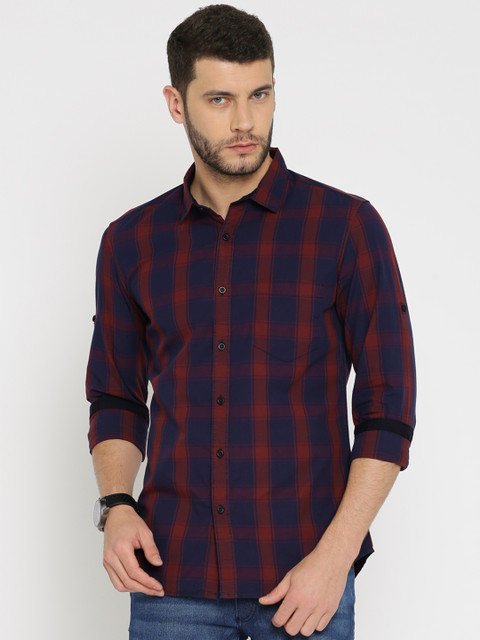 

HIGHLANDER Men Blue & Maroon Slim Fit Checked Casual Shirt