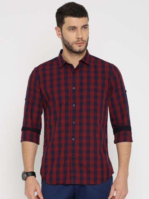 

HIGHLANDER Men Navy & Maroon Slim Fit Checked Casual Shirt, Navy blue