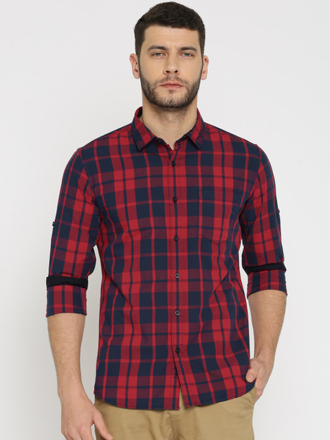 

HIGHLANDER Men Navy Blue & Red Slim Fit Checked Casual Shirt