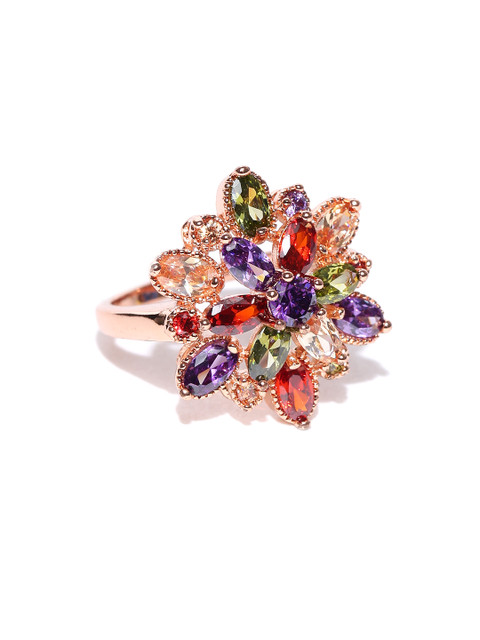 

Jewels Galaxy Multicoloured 18K Rose Gold-Plated Stone-Studded Ring, Multi