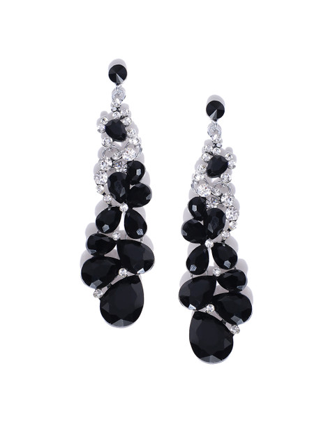 

Jewels Galaxy Black Oxidised Silver-Plated Handcrafted Stone-Studded Drop Earrings