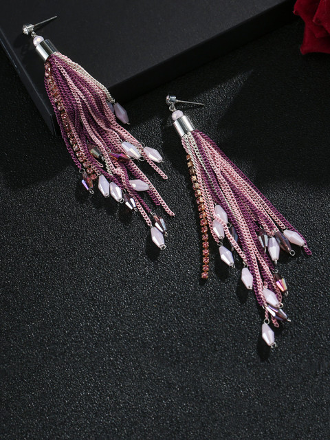 

Jewels Galaxy Purple Silver-Plated Tasselled Beaded Handcrafted Drop Earrings