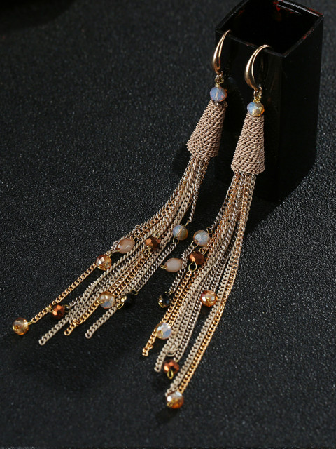 

Jewels Galaxy Beige Gold-Plated Tasselled Beaded Handcrafted Drop Earrings