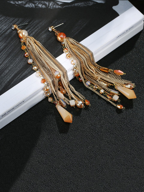 

Jewels Galaxy Orange Gold-Plated Contemporary Stone-Studded Handcrafted Drop Earrings