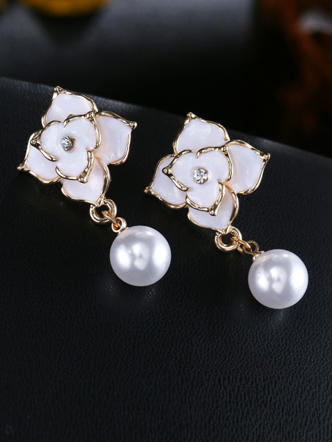 

Jewels Galaxy Off-White Gold-Plated Handcrafted Stone-Studded Beaded Drop Earrings