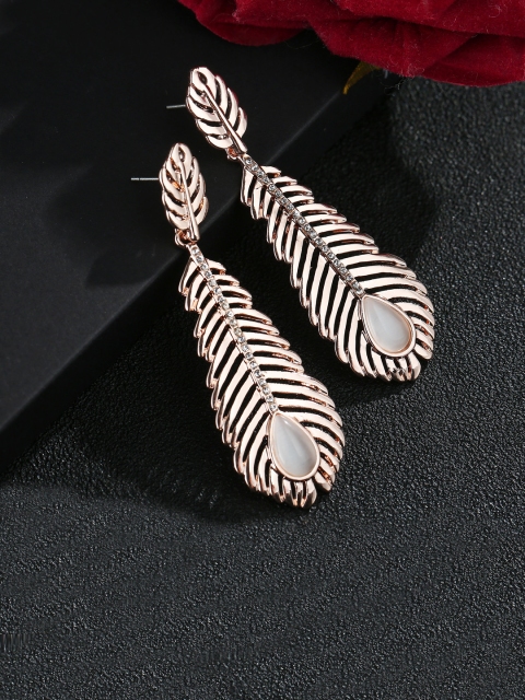 

Jewels Galaxy Gold-Toned & Off-White Leaf Shaped Drop Earrings
