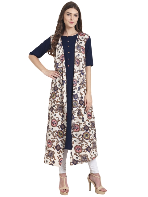 

Nayo Women Blue Solid Straight Kurta with Ethnic Jacket