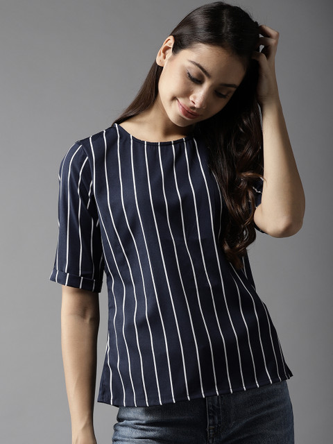 

Moda Rapido Women Navy Blue & White Striped Top
