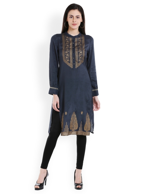 

Fusion Beats Women Navy Blue Solid Straight Kurta