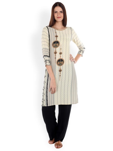 

Fusion Beats Women Cream-Coloured Printed Straight Kurta
