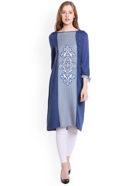 

Fusion Beats Women Navy Blue Printed Straight Kurta