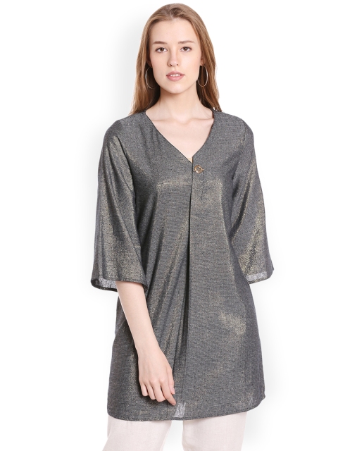 

Fusion Beats Metallic Black Self Design Tunic