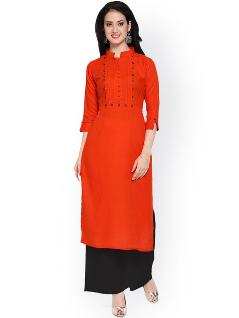 

Inddus Women Orange Solid Straight Kurta