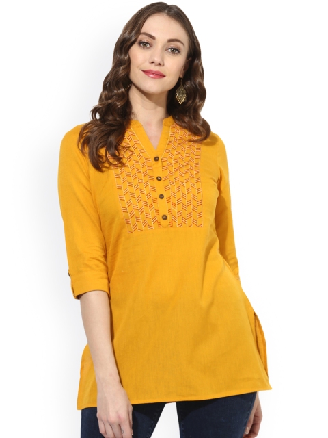 

Juniper Mustard Cotton Embroidered A-Line Kurti